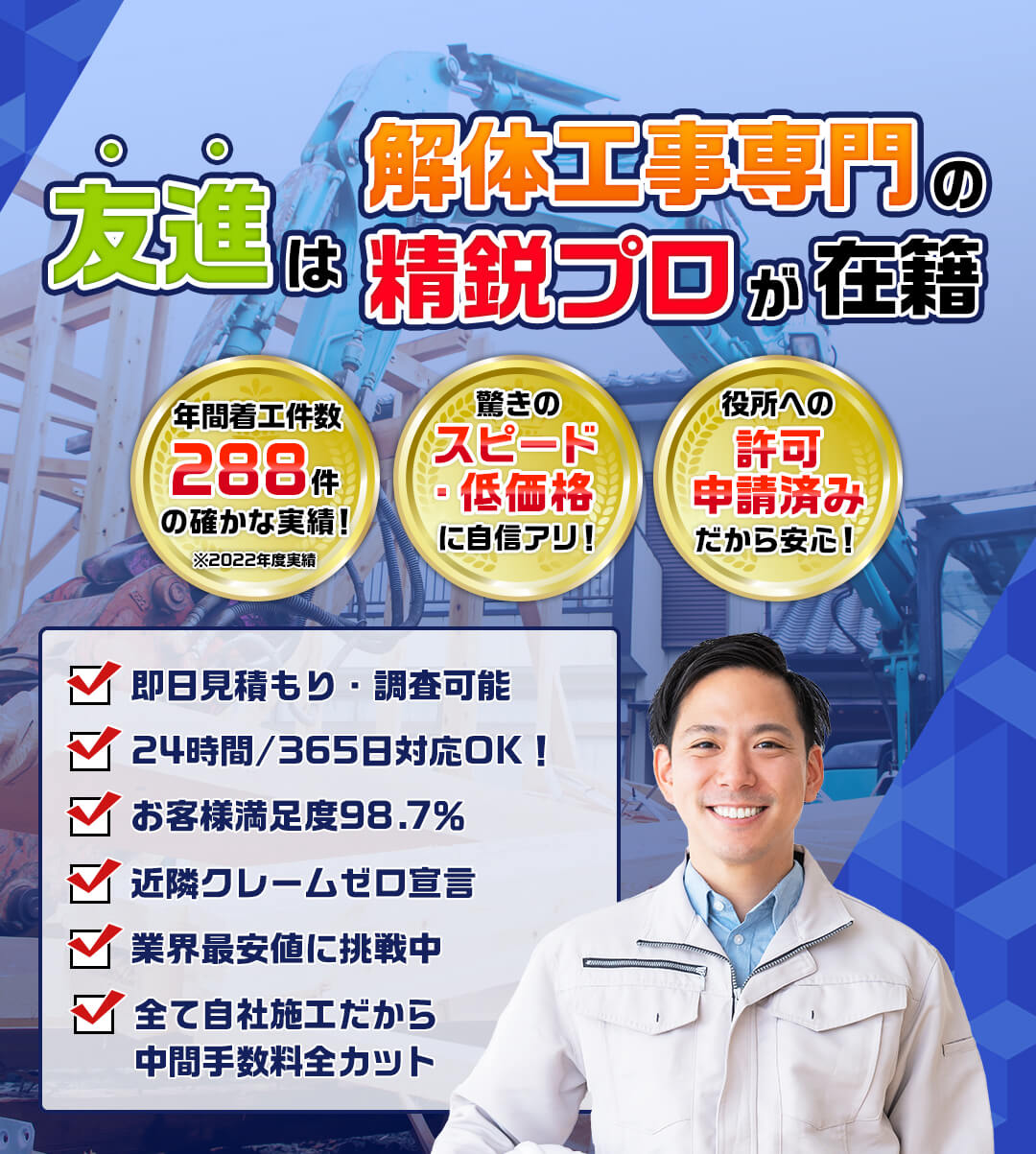 友進は解体工事専門の精鋭プロが在籍 年間着工件数288件の確かな実績！※2022年度実績 驚きのスピード・低価格に自信アリ！ 役所への許可申請済みだから安心！ ・即日見積もり・調査可能・近隣クレームゼロ宣言・24時間/365日対応OK！ 業界最安値に挑戦中・全て自社施工だから中間手数料全カット・お客様満足度98.7％